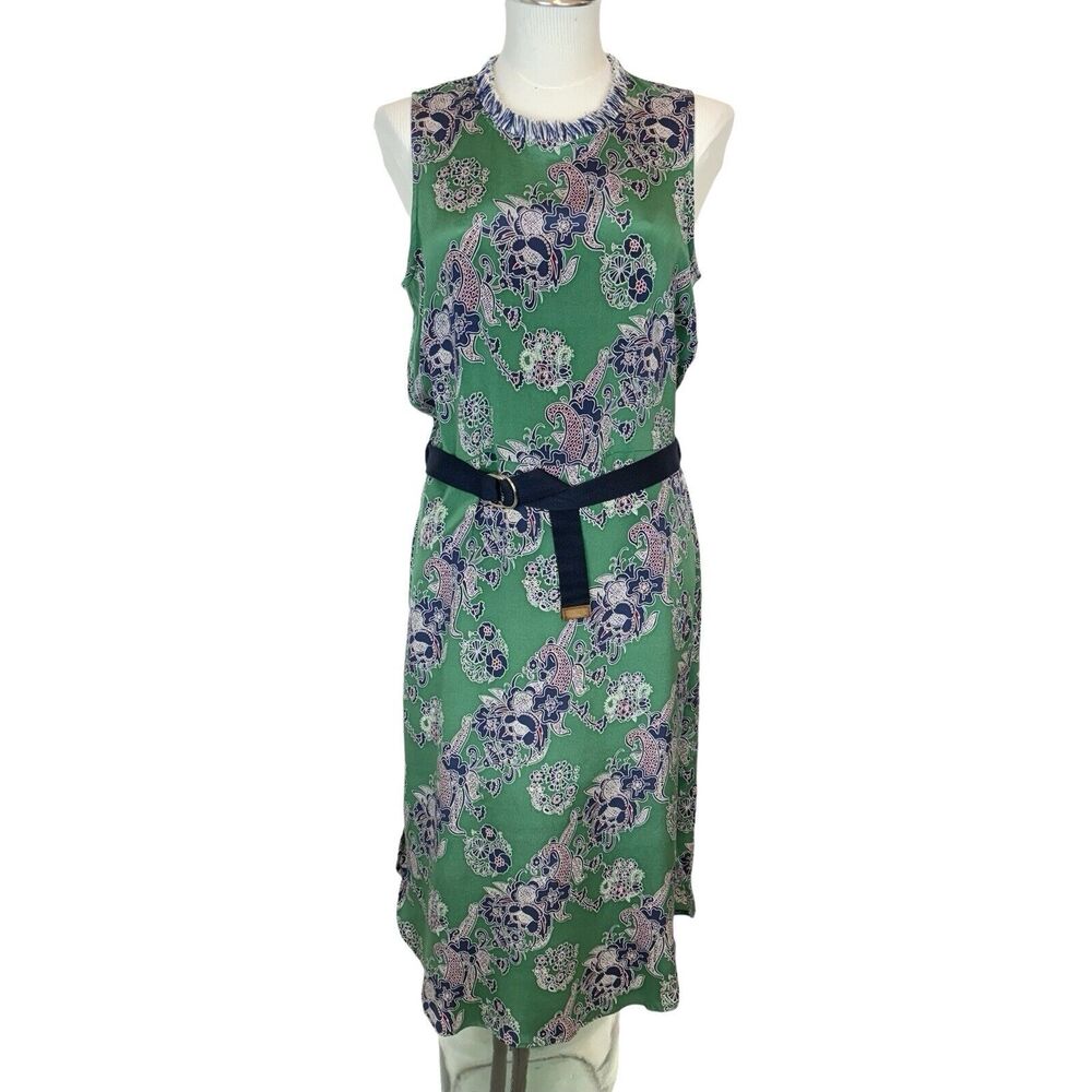 EUC Sea New‎ York Silk Sleeveless Midi Dress. Sz 8 Belted Pockets Fringe Green